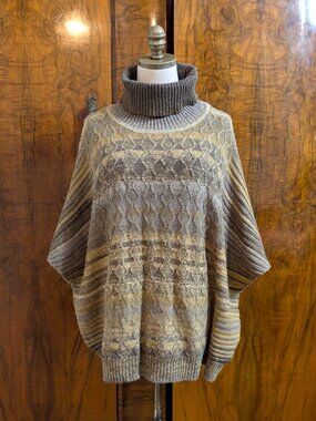 Dor Dor Couture Multi-color Cable Knit Turtleneck Kimono Poncho Sweater Size L